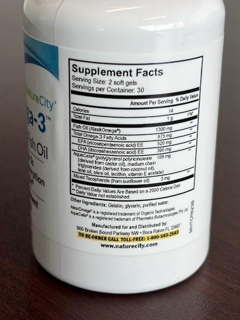 NatureCity True-Omega-3 975mg Omega-3 Fish Oil Supplements with Enhanced Absorption from AquaCelle for Heart, Brain & Joint Support (60 SoftGels) Burpless Fish Oil Pills