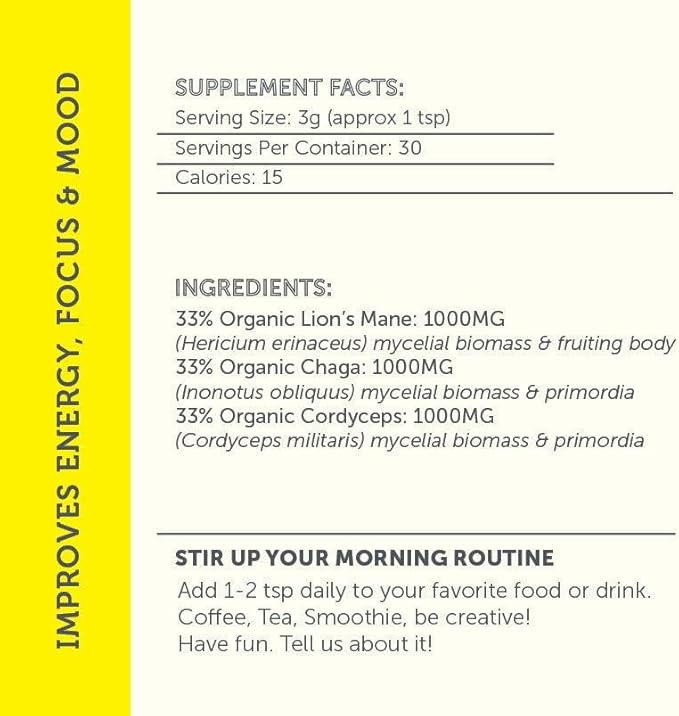 Morning Routine Mushrooms, Mushroom Supplement | Lions Mane Powder Chaga Cordyceps | Adaptogens | | 3.17 Ounce Packet | 30 Servings | Immune Support