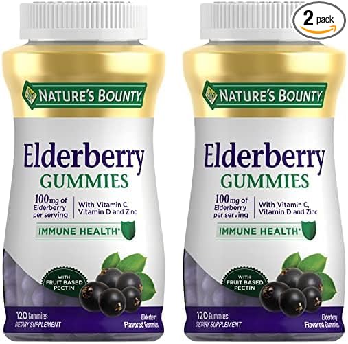 Nature's Bounty Elderberry Gummies, Dietary Supplement, Supports Immune Health, Contains Vitamin A, C, D, E and Zinc, 100 mg, 120 Gummies (Pack of 2)