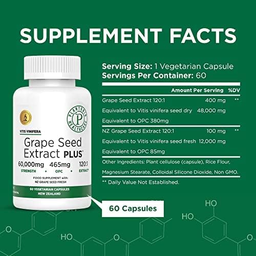 Grape Seed Extract 500 mg with 93% Polyphenols - 120:1 60,000mg Strength, 60 Capsules - 2 Months Supply - GMO & Gluten Free - Polyphenols Extracts