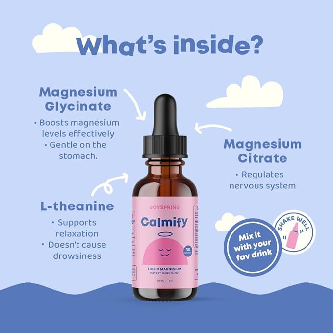 JoySpring Magnesium Citrate & Glycinate Liquid for Kids – Sugar & Gluten-Free Supplement with L-Theanine & Chamomile – Supports Kids & Teens (1 fl oz, 30 Servings)