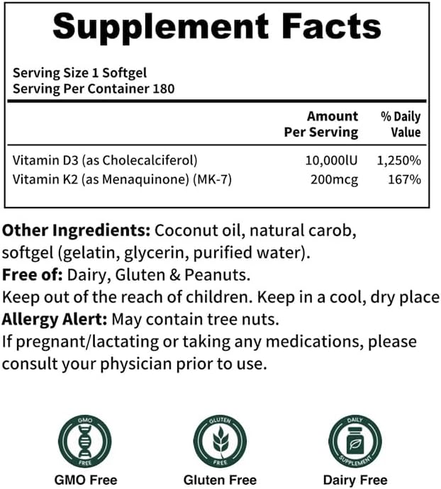 d3 k2 Vitamin 10000 iu, 180 Coconut Oil Softgels | 2 in 1 Vitamins Supplement D3 10000 IU & K2 (MK7) 200 mcg, Easy to Swallow, Supports Calcium Absorption, Bone Immune, & Heart Health