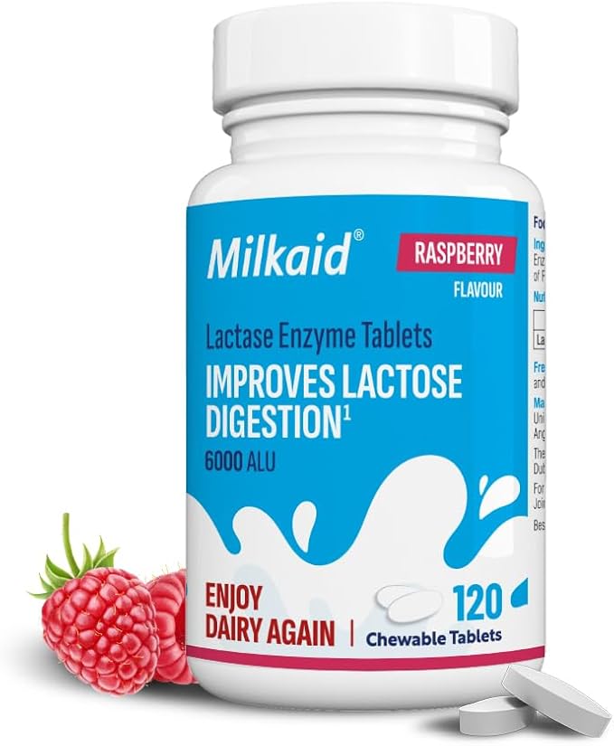 Milkaid Lactase Enzyme Chewable Tablets for Lactose Intolerance Relief | Prevents Gas, Bloating & Diarrhea | Fast Acting Dairy Digestive Supplement (120 Tablets, Raspberry)