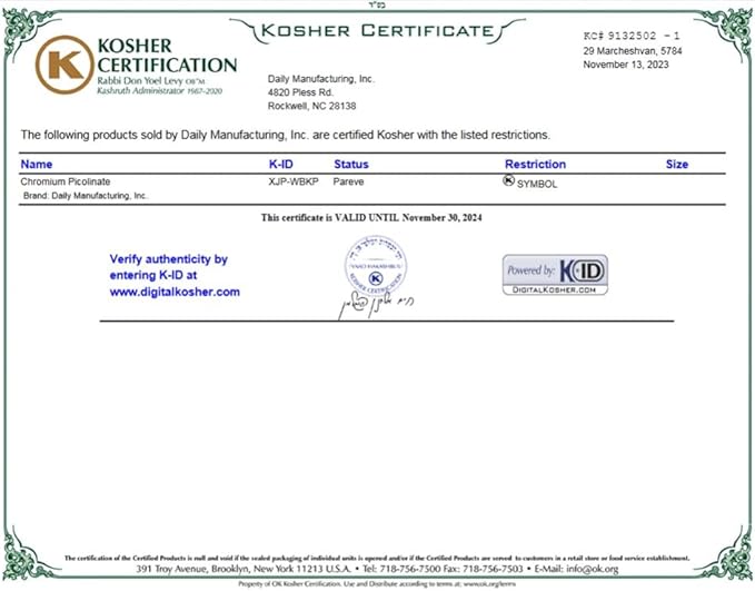 Daily Manufacturing Chromium Picolinate (Certified Kosher) 100 Vegetarian Capsules