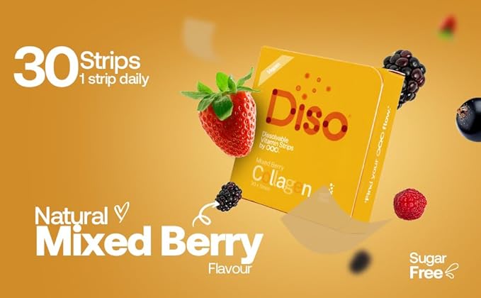 DISO - Collagen Boost - Dissolvable Oral Supplement Strips, Mixed Berry Flavor, Vegan, Sugar Free, Maximum Absorption to Help Produce Collagen, Gluten Free, Individually Wrapped, 30 ct