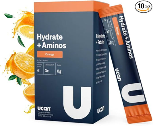 UCAN Hydrate + Aminos Packets, Orange, 10 Count, Keto, Sugar-Free Electrolyte + Muscle Recovery, Essential Electrolytes + EAAs & BCAAs, Non-GMO, Vegan, for Runners, Gym-Goers, Performance Athletes
