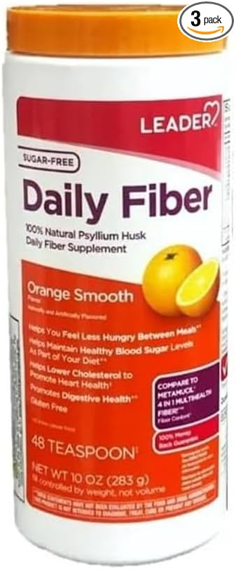 LEADER Psyllium Husk Powder Supplement 4-in-1 Fiber for Digestive Health, Plant Based 100% Natural Psyllium Husk Daily Fiber, Sugar Free, Gluten Free, Non-GMO, Compare to Metamucil 10 OZ (Pack of 3)