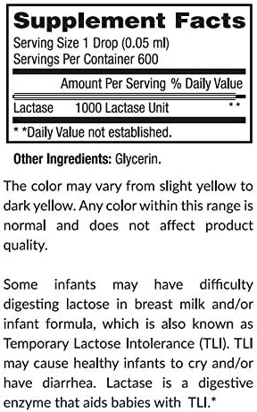 Kiddivit Baby Lactase Liquid Drops 1000 Units - 100 Daily Servings, 1 Fl Oz (30 mL) - Built-in Dropper, Glass Bottle - Sugar Free, Gluten Free, Vegetarian Friendly