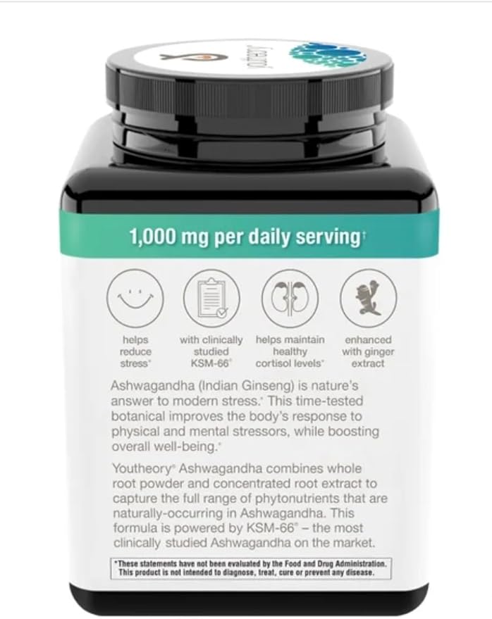 Youtheory Ashwagandha 1000mg with KSM-66 - Helps Support a Healthy Stress Response,180 Capsules (Pack of 1)