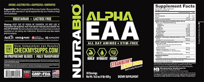 NutraBio Alpha EAA - All-Day Amino Acids for Muscle Growth - Essential Amino Acids - Full Spectrum EAA BCAA Powder- Amino Acid Supplement - 30 Servings - Strawberry Lemon