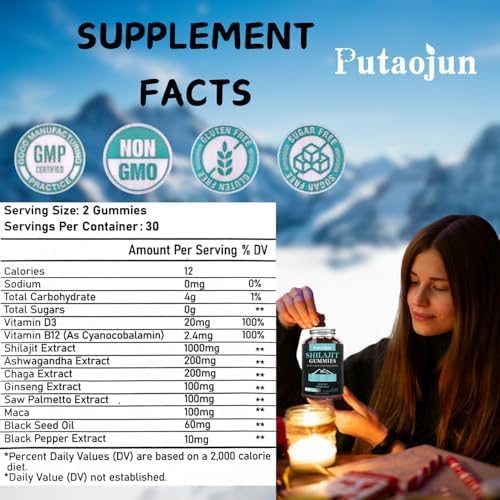 Shilajit for Man,Woman & Kid.Shilajit Gummies or shilajit Supplement.1000mg Shilajit,200mg Ashwagandha,200mg Chaga,100mg Ginseng,100mg Saw Palmatto,60mg Black Seed Oil
