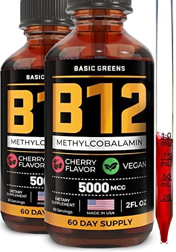 Vitamin B12 Sublingual (Vegan) 2 Fl Oz - Methylcobalamin B12 Vitamins 5000 mcg, B12 Liquid Drops, Methyl B12, Cherry Flavor