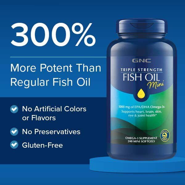 GNC Triple Strength Fish Oil Mini Omega 3 Supplement, 1000mg EPA and DHA, Supports Heart, Brain, Skin, Eye and Joint Health, 240 Mini Softgels