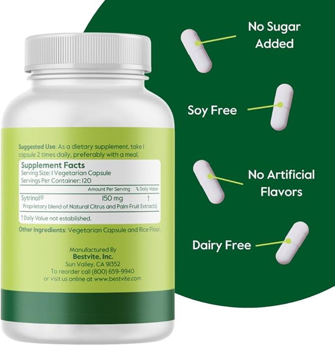 BESTVITE Sytrinol 150mg (120 Vegetarian Capsules) - Patented Blend of Natural Citrus and Palm Fruit extracts - No Stearates - Vegan - Non GMO - Gluten Free