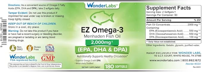 EZ Omega-3 Atlantic Menhaden Fish Oil Supplement 2000 mg, Burpless, Made in The USA, Perfect Balance of EPA+ DHA + DPA 180 Softgels