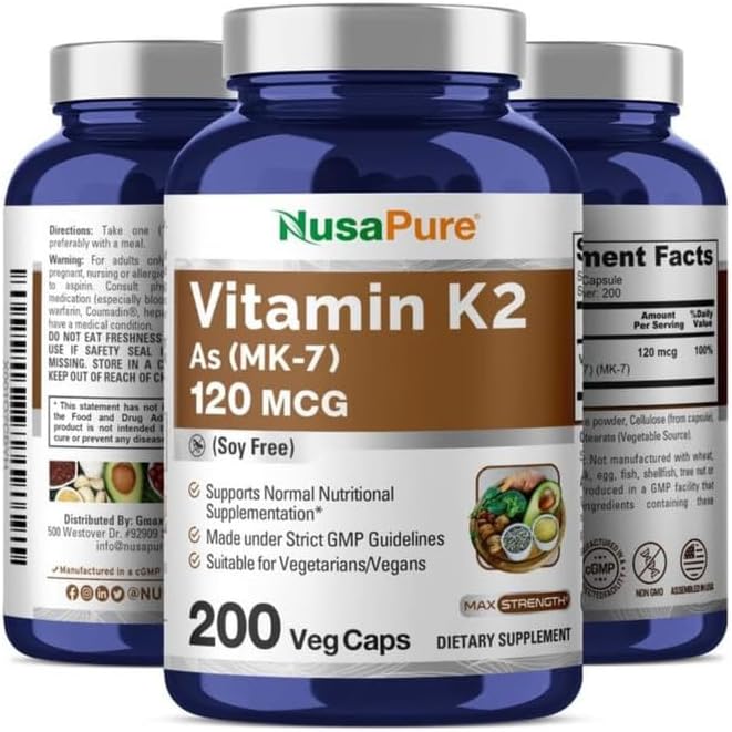 NusaPure Vitamin K2 MK7 120 mcg 200 Veggie Caps (Soy Free, Non-GMO, Vegan)