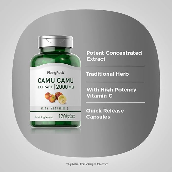 Piping Rock Camu Camu Capsules 2000mg | 120 Pills | Fruit Extract | with Vitamin C | Non-GMO, Gluten Free Supplement