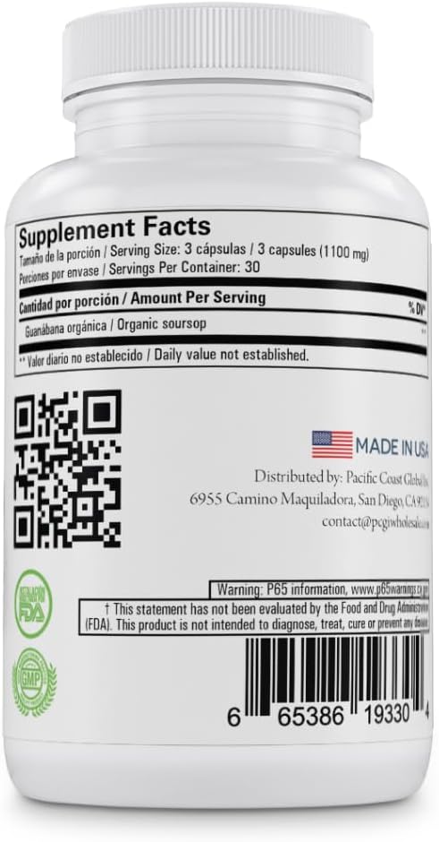 Graviola Guanabana (Soursop) Capsules – 1100mg Per Serving, 90 Vegan Capsules – Organically Grown Guanábana – No Preservatives, Gluten-Free, Made in USA | Immune Support and antioxidant Defense
