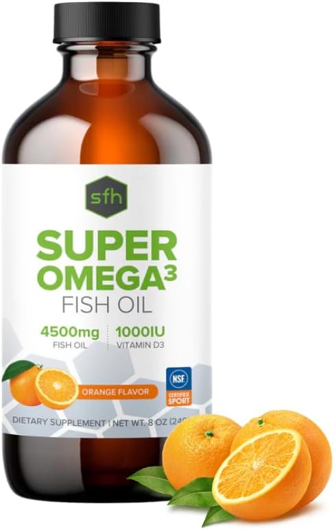 SFH Super Omega 3 Orange Fish Oil Liquid + Vitamin D | Highly Concentrated 3400mg Omega 3s + 1000IU Vitamin D3 | Sustainably Sourced Alaskan Pollock | Spill-Proof Lids | 8oz