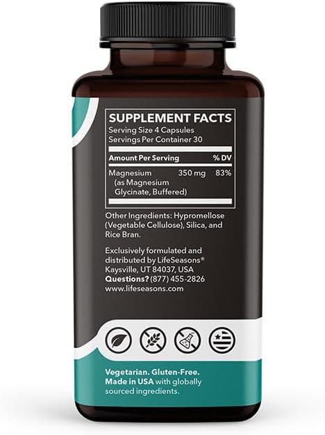 LifeSeasons Magnesium Glycinate 350mg - Supplement to Support Stress Relief, Sleep, Heart Health, Nerves, Muscles, and Metabolism - 120 Capsules
