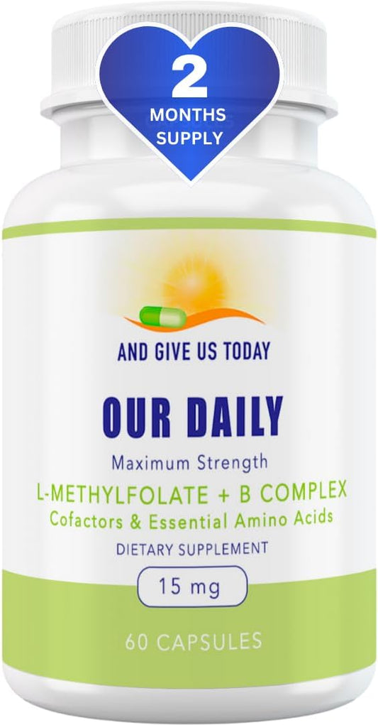 Our Daily Vites L-Methylfolate B Complex Cofactors & Essential Amino Acids (15mg) - Active Folate, Methylated B12 Methylcobalamin, B6 and Glycine - 60 Count
