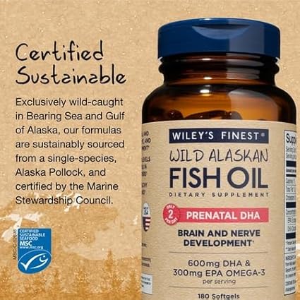 Wiley's Finest Wild Alaskan Fish Oil Prenatal DHA - 900mg EPA and DHA Omega-3s for Pregnant Women and Nursing Mothers - 180 Softgels (90 Prenatal Vitamin Servings)