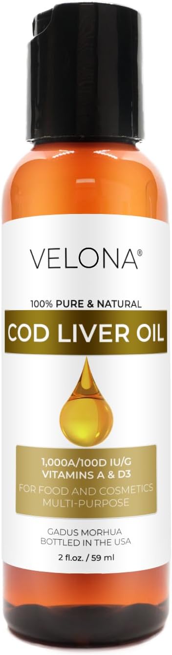 velona Cod Liver Oil - 2 Fl Oz | 1,000A/100D IU/g Omega 3 Vitamins A & D3 | Norwegian Arctic Sustainably Sourced Nordic Oil | Hair, Body and Skin Care | Use Today - Enjoy Results