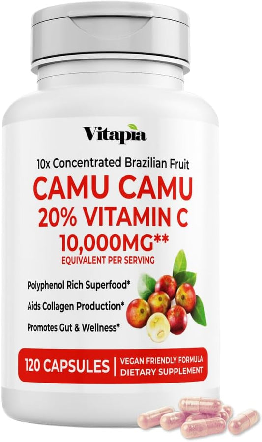 Organic Camu Camu Extract 20% Vitamin C Capsules - Immune, Collagen, Metabolism Support - 120 Veggie Capsules - Non GMO, Gluten Free, Vegan Supplement