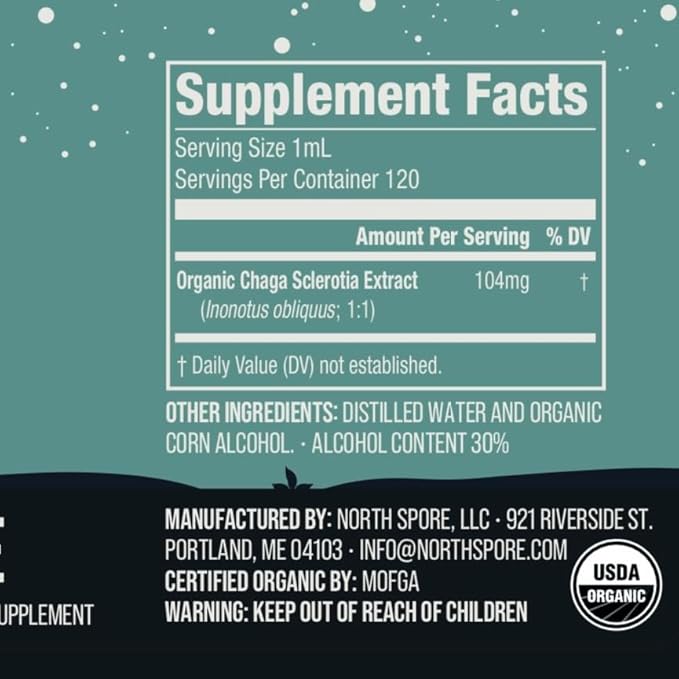 North Spore Organic Chaga Mushroom Tincture (4 oz) | 100% Fruiting Body Extracts | Immune Support, Energy, and Balance | Certified Organic, Vegan, Non-GMO | Adaptogenic, Nootropic | Made in USA