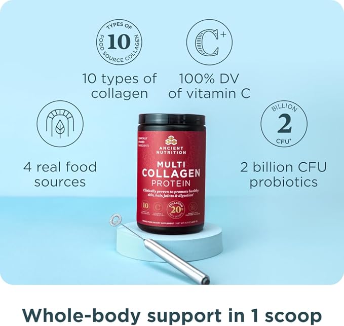 Ancient Nutrition Collagen Peptides Powder, Multi Collagen Protein, Women & Men, Vitamin C, Probiotics, Hydrolyzed Collagen, Supports Skin, Joints, Gut Health, Unflavored, 40 Servings