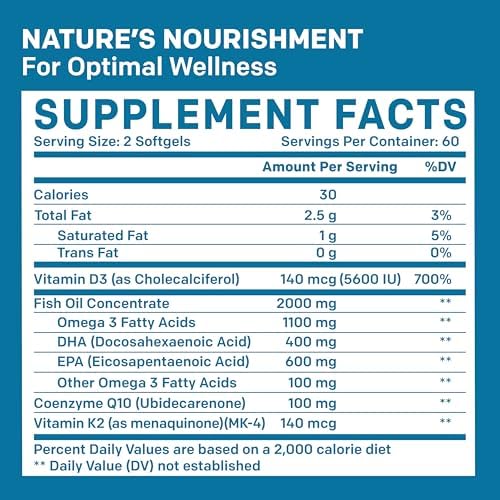 5-in-1 Fish Oil Omega 3 Supplements (2100mg) - Omega 3 Fish Oil with Vitamins D3 & K2 and CoQ10 - EPA DHA Omega 3 Supplement - Lemon Flavored Omega 3 Fatty Acid Supplements, Pack of 2