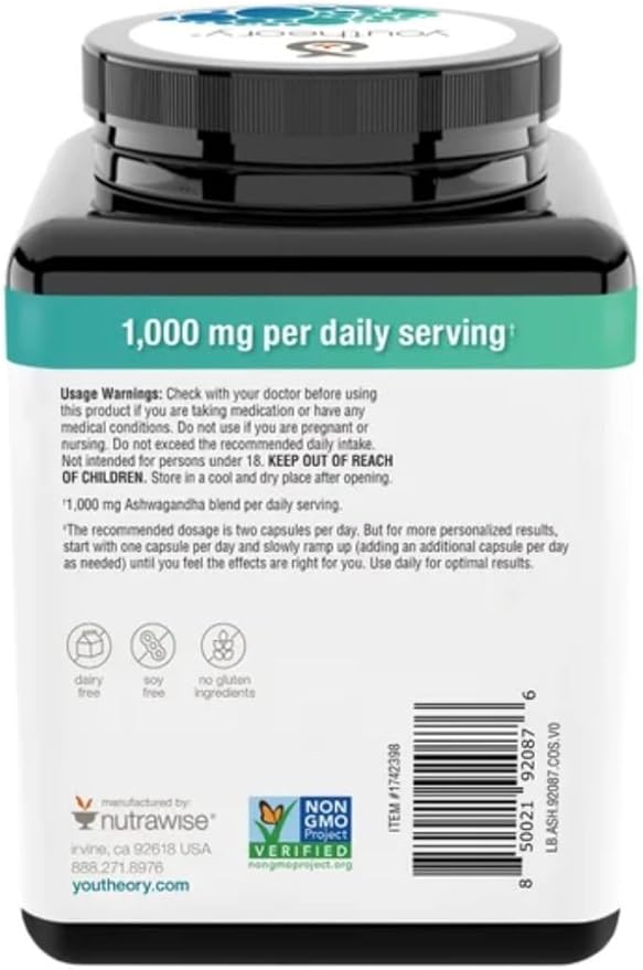 Youtheory Ashwagandha 1000mg with KSM-66 - Helps Support a Healthy Stress Response,180 Capsules (Pack of 1)