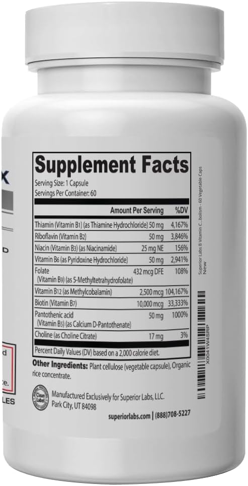 Superior Labs B Vitamin Complex - Superior Absorption - 100% NonGMO Safe from Additives, Stearates, Gluten and Other Allergens - Regulate Digestive System and Support Metabolism - 60 Vegetable Caps