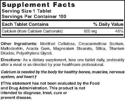 Nature's Blend Pure Calcium Carbonate 600 mg 100 Tabs (1684)