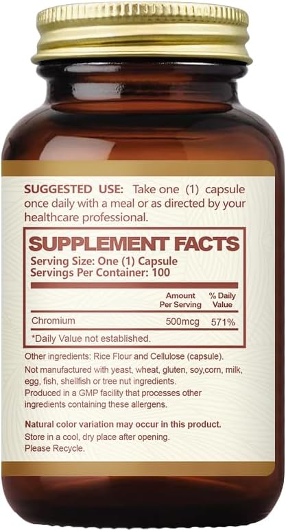 Chromium Picolinate 500 mcg,Chromium Supplements,Non-GMO, Gluten Free,100 Veg Capsules