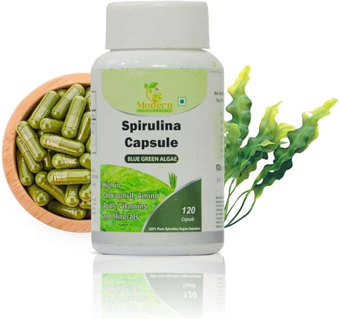 Spirulina Capsules 120 Veggie Capsule Blue Green Algae Supplement 450mg with Piperine for Enhanced Absorption Rich in Chlorophyll, Amino Acids, Vitamins & Minerals