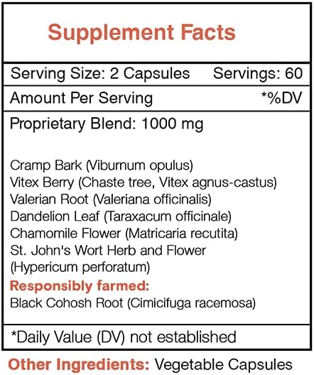 PMS Secret 120 Capsules, 1000 mg, Black Cohosh, Cramp, Vitex, Valerian, Dandelion, Chamomile, St. John's Wort. Hormonal Imbalance Support (120 Capsules)