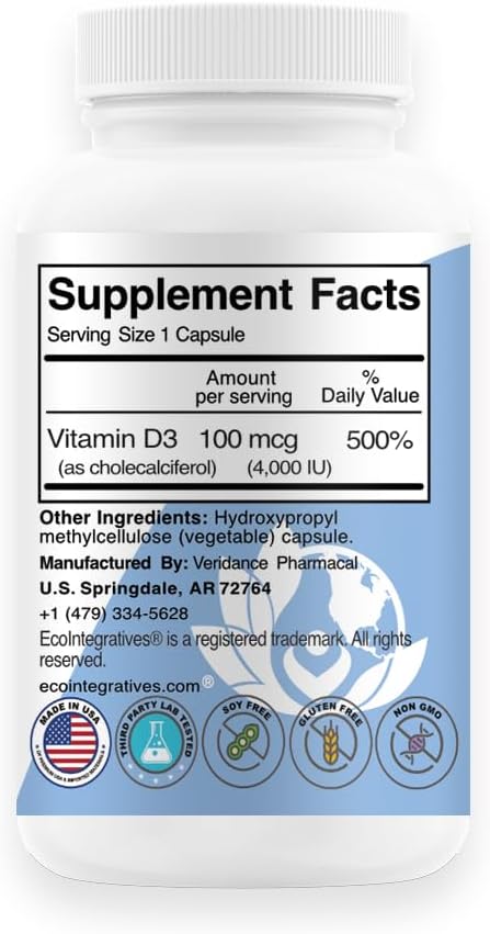 D3 4,000 iu (Cholecalciferol) Hypoallergenic Support for Muscles, Bones, Teeth, Breast, Prostate, Cardiovascular, Colon and Immune Health – 120 Vegetable Capsules