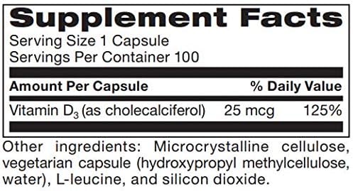 Vitamin D3 1,000 IU High Potency | Vitamin D 1000 (25 mcg) Supplement for Healthy Bones Muscles | Hypoallergenic Supplement for Enhanced Vitamin D Absorption | 100 Vegetarian Caps