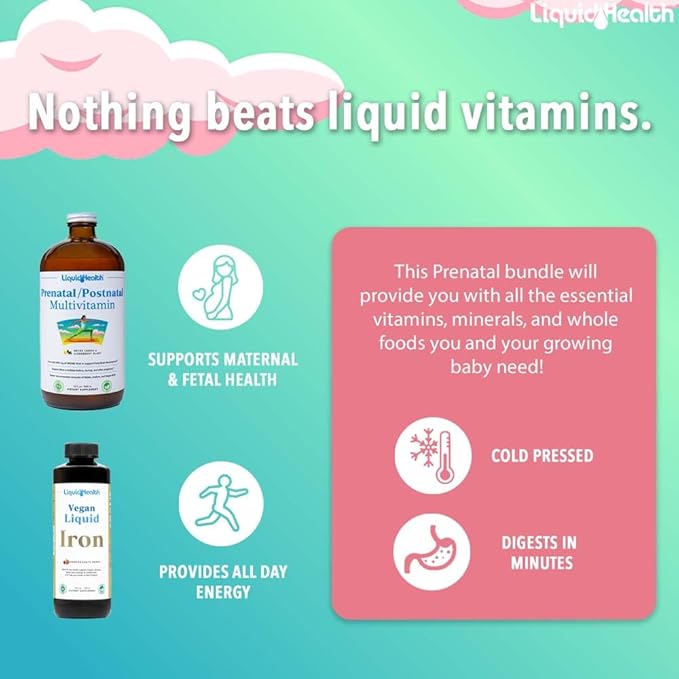 LIQUIDHEALTH Prenatal Baby Booster Pregnancy Vitamin Bundle - Vegan Women's Prenatal/Postnatal Multivitamin with SunActive & Ferrochel Iron, Folate, Whole Foods - Made in The USA, 100% Vegan (Bundle)