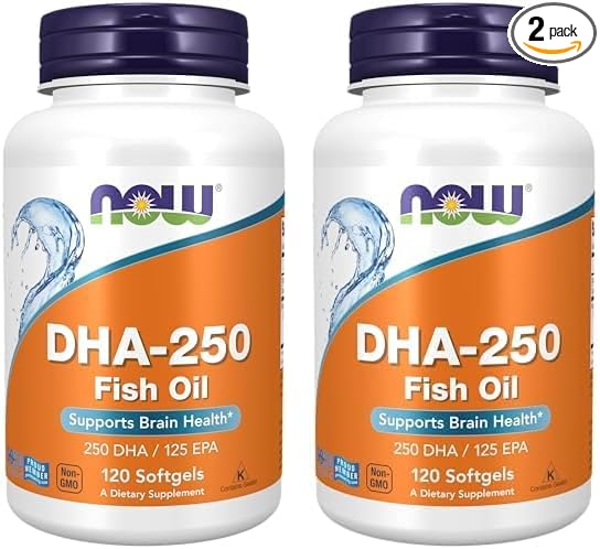 NOW Supplements, DHA-250 with 125 EPA, Molecularly Distilled, Supports Brain Health*, 120 Softgels (Pack of 2)