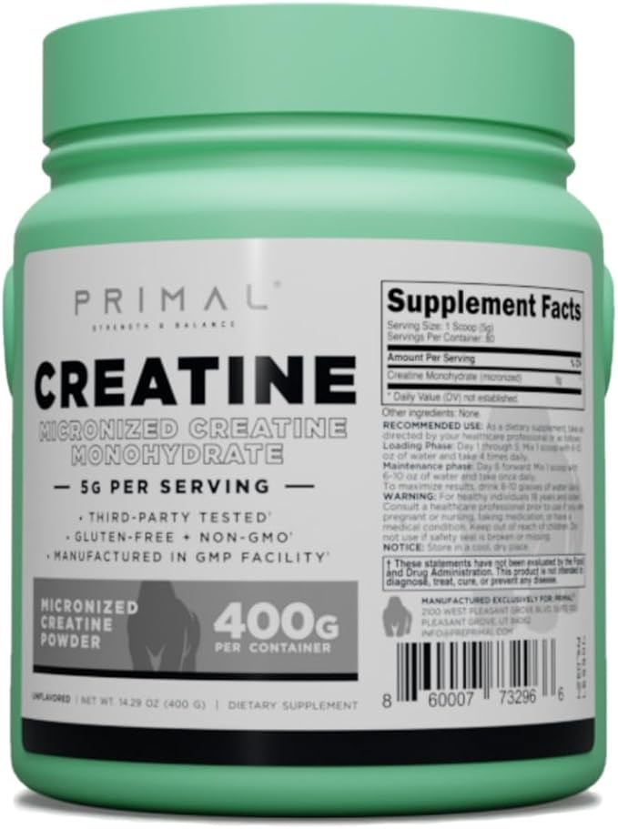 Primal Creatine Monohydrate Powder (400 Grams) | Unflavored Micronized Creatine Muscle Development Supplement for Pre-Workout & Recovery | 5g Creatine Monohydrate per Serving