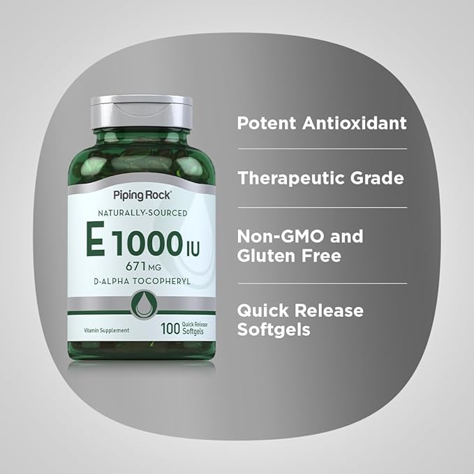 Piping Rock Vitamin E 1000 IU Softgel Capsules | 671mg | 100 Pills | D-Alpha Tocopheryl Supplement | Non-GMO, Gluten Free