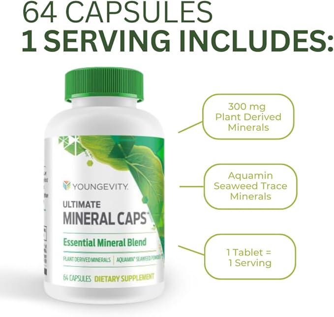 Youngevity Ultimate Mineral Caps™ - 70+ Essential Full Spectrum Trace Minerals - Nutrient-Dense, Derived from Humic & Aquamin Seaweed (64 Capsule) (Pack of 4)