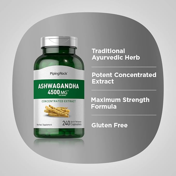 Piping Rock Ashwagandha Supplement 4500mg | 240 Capsules | for Women and Men | Extra Strength Herbal Extract | with Black Pepper | Non-GMO & Gluten Free