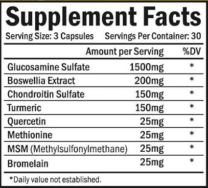 Joint Supplement with Glucosamine Chondroitin Turmeric MSM Boswellia Bromelain & Quercetin.Promotes Joint Health. 90 Capsules. Made in USA