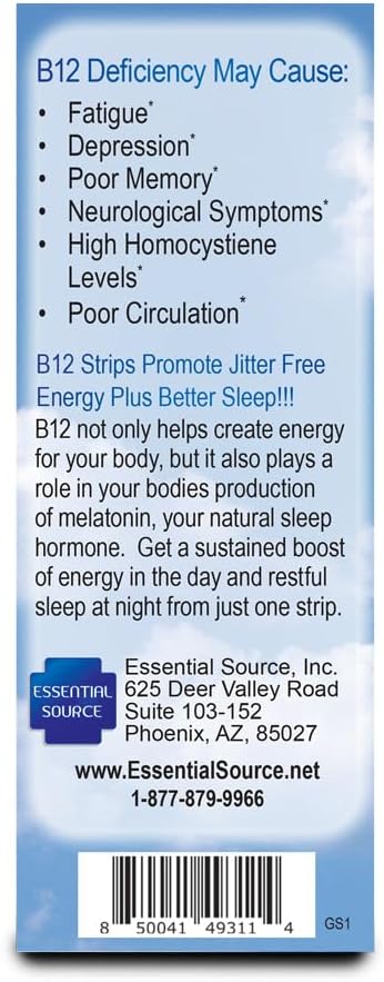 2,000 mcg Methylcobalamin Vitamin B12 Sublingual Energy Strips | Biotin, B6, 5-MTHF L-Methylfolate | Sublingual B12 Vitamins, Folate | Energy, Brain Health, Nerve Function - 5 Strips