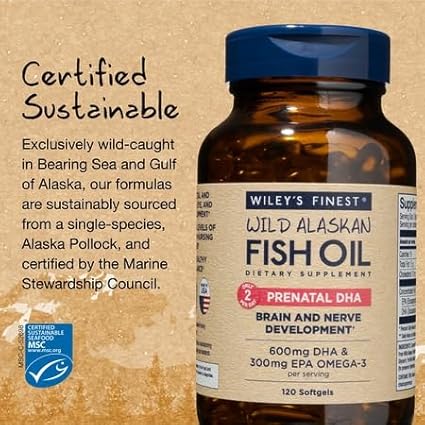 Wiley's Finest Wild Alaskan Fish Oil Prenatal DHA - 900mg EPA and DHA Omega-3s for Pregnant Women and Nursing Mothers - 120 Softgels (60 Prenatal Vitamin Servings)