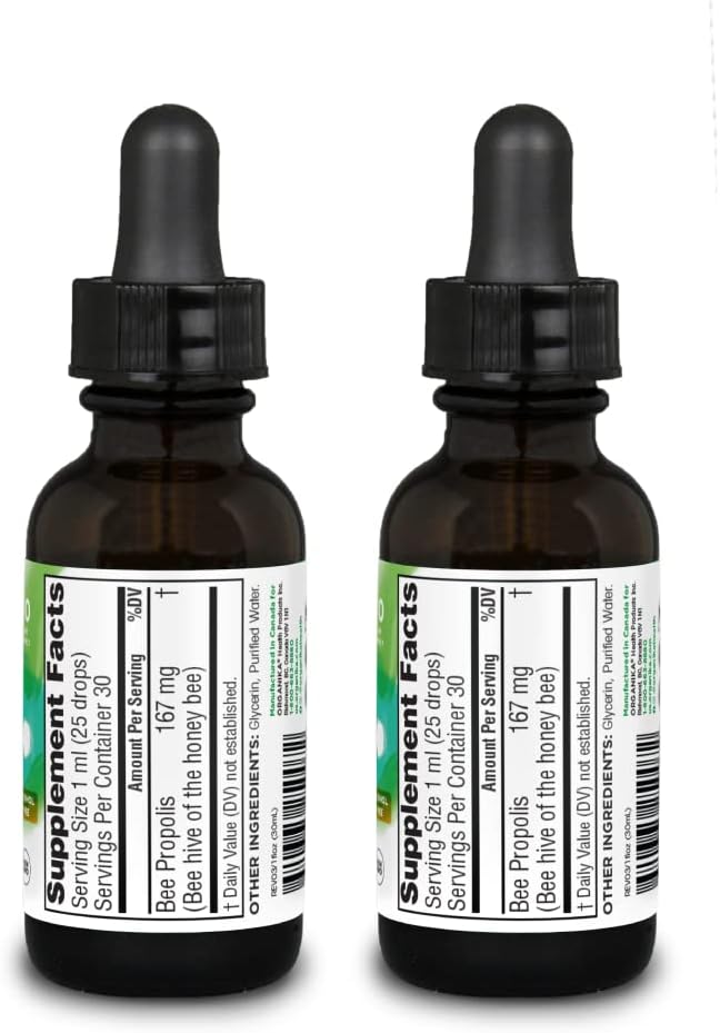 Organika Bee Propolis Tincture 30 ml x 2 Pack: Clean and Vegan Propolis Extract for Immune Defenses, Throat, and Breath - Free of Gluten, GMO, & Artificial Flavors - 20 Day Prop Drops Supply