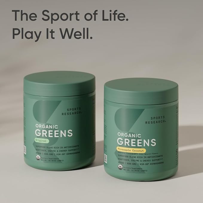 Sports Research® Organic Greens Superfood Powder w/Spirulina & Chlorella, Adaptogens, Enzymes, Probiotics & 8 VIT Bs for Gut & Mood Support* - Vegan, Sugar-Free & Low-Cal Pineapple Coconut 30